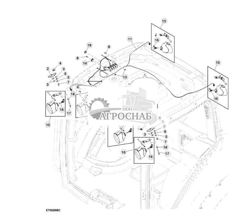 Прожектор, переднийзадний и наружныйвнутренний на крыше 